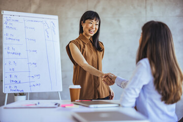 Two Businesswomen Shaking Hands During a Meeting in the Office