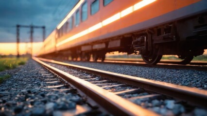 Fototapeta premium Serenity in Motion: Vibrant Sunset Train on Railway Track with Silhouetted Horizon and Power Lines