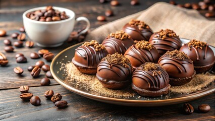 Indulgent plate of chocolate covered pastries with coffee powder sprinkled on top, indulgence, comfort, chocolate, coffee