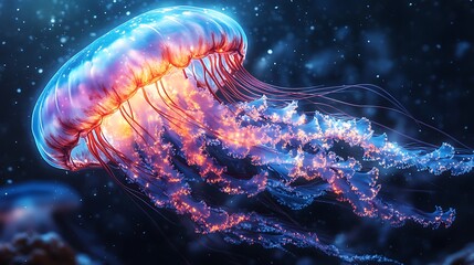 A glowing, bioluminescent jellyfish swims through the deep blue ocean, its translucent body illuminated by an internal light source.