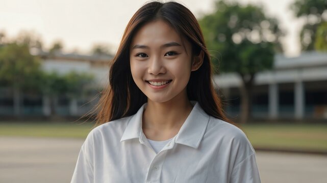 female asian girl in white casual wear on school yard background model portrait smiling for ad concept space for text