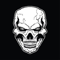 Cracked Skull Illustration on Black Background, vector
