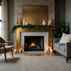 Modern Fireplace With Minimal Christmas Decor, Classic Fireplace Interior Design Tree, Holiday Xmas Decorations