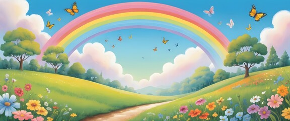 Fototapeta premium A vibrant, whimsical landscape illustration featuring a bright rainbow arching over a lush, colorful meadow. The scene has a playful, cartoonish style with fluffy white clouds, a clear blue sky, and b