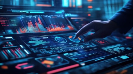 A digital interface showing a business person manipulating data analytics to uncover trends,