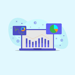 Fototapeta premium Abstract black background flat design technology using laptop to find big data to help decision making in investment, business, finance on the internet.