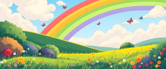 A vibrant, whimsical landscape illustration featuring a bright rainbow arching over a lush, colorful meadow. The scene has a playful, cartoonish style with fluffy white clouds, a clear blue sky, and b