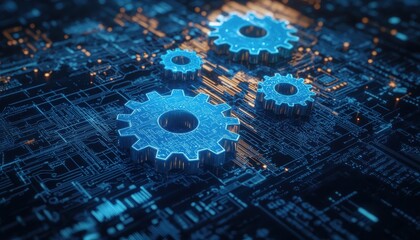 A digital representation of gears on a circuit board, symbolizing technology and innovation in mechanical systems.