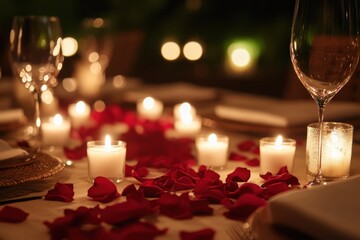 A romantic dinner setup with candles and rose petals scattered across the table, capturing the essence of love and intimacy