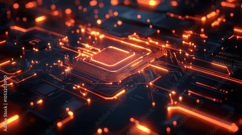 Wall mural futuristic circuit board with glowing orange connections and central processor in high-tech digital 