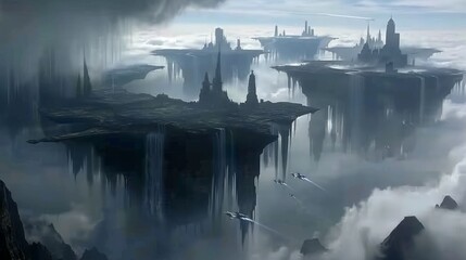 Floating city with waterfalls in clouds