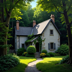 Matte grey stone cottage in lush forest with dappled sunlight filtering through canopy in impressionistic style