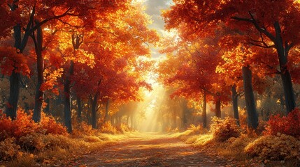 Serene autumn forest path illuminated by soft sunlight.