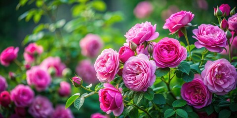 Fototapeta premium Lush bush of pink Rosa Damascena roses with dark vignette, Valentine's day, romantic, flowers, beautiful, pink, blooming