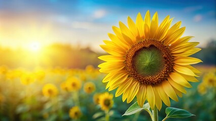 Fototapeta premium Vibrant sunflower in full bloom symbolizing growth, vitality, and joy, sunflower, blooming, vibrant, yellow, petals, nature, growth