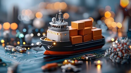 3D of a cargo ship and a logistic optimization system designed to improve global transportation efficiency through advanced digital technologies data analytics and integrated supply chain management
