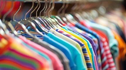 Colorful shirts hang on hangers in a store.