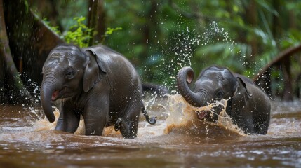 Fototapeta premium Young Elephants Splashing Playfully in Jungle Water