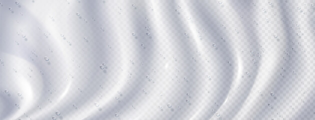 Air bubbles on transparent white background with wavy surface. Vector realistic illustration of creamy cosmetic substance with oil drops, skin beauty care serum, fizzy soda liquid splash, gel texture