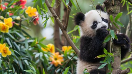 Obraz premium Baby Panda Climbing a Tree Surrounded by Lush Greenery
