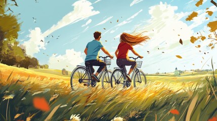 Obraz premium A happy couple riding bicycles together through a scenic countryside, with the wind in