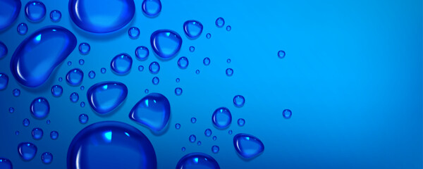 Blue horizontal background with clear water droplets pattern. Realistic 3d vector illustration of smooth waterproof glass or window surface with condensation drop beads. Scattered moisture splatters.