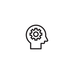 An icon representing critical thinking, problem-solving, or the process of mental work. The head and gear symbolize the brain's activity and the ability to analyze and solve problems. Editable icon.