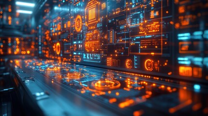 Obraz premium Futuristic control panel with glowing interfaces and data displays.