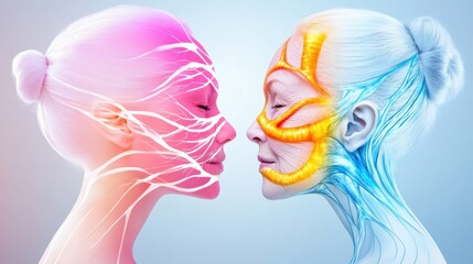 An artistic depiction of human anatomy highlighting facial muscles and nerves in vibrant colors, showcasing beauty and science.