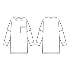 Flat sketch of a layered-look T-shirt featuring a chest pocket and long contrast sleeves for a casual, streetwear-inspired design with a relaxed fit.
