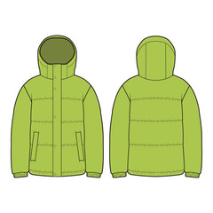 Front and back flat sketches of a short padded jacket with a high collar, horizontal quilting, zipper closure, and elastic cuffs. Features include side pockets and a warm, insulated design ideal for c