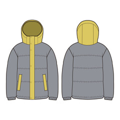 Front and back flat sketches of a short padded jacket with a high collar, horizontal quilting, zipper closure, and elastic cuffs. Features include side pockets and a warm, insulated design ideal for c