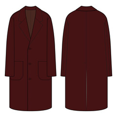 Flat sketch of a single-breasted long coat with a notched lapel, button closure, and patch pockets. Features a classic cut and structured silhouette, ideal for both formal and casual looks.
