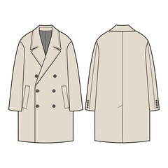 Flat sketch of a cream double-breasted long coat with a notched lapel, six-button front, and welt pockets. Oversized silhouette with a relaxed, structured fit, ideal for modern winter fashion.
