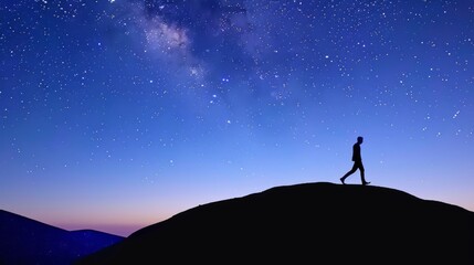 Fototapeta premium A man walks along a ridge under a starry sky.