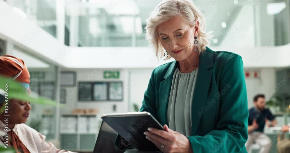 Aufkleber mature woman, tablet and working at office admin counter with planning and tech for email marketing.