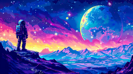 Fototapeta premium Astronaut's Cosmic Vista: An astronaut stands on an alien planet, gazing at a vibrant Earth in a breathtaking, colorful digital painting. The scene is filled with wonder and the promise of discovery.