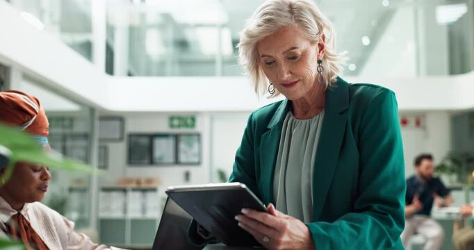Mature woman, tablet and working at office admin counter with planning and tech for email marketing. Website, boss and online review of digital campaign project with app and online response design