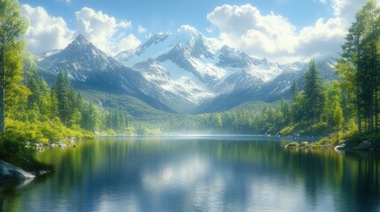 Serene mountain landscape with a calm lake and lush greenery.