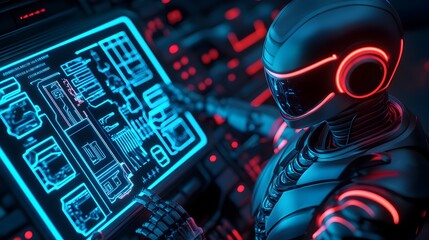 Advanced AI driven robot conducting detailed diagnostics on a car engine surrounded by glowing holographic schematics and displays