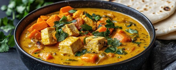 A bowl of vegan Thai yellow curry with sweet potatoes, carrots, and tofu chunks, served with a side of soft roti