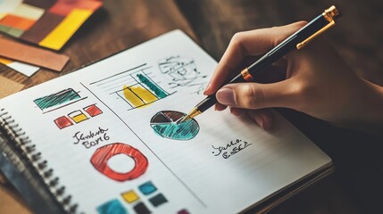 Strategic Planning: Hand sketching colorful charts and graphs in a notebook. A close-up shot showing meticulous detail and creative business strategy. 