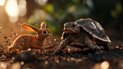 Obraz premium A brown rabbit and a turtle racing in a forest.