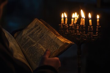 Hanukkah Blessings at the Menorah: A reverent image of a person reciting Hanukkah blessings with a prayer book open in one hand and the other hand raised towards the lit menorah. The scene captures th