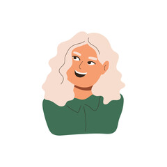Blondy woman looking up and smiling. Flirting girl flat illustration. Vector on white background