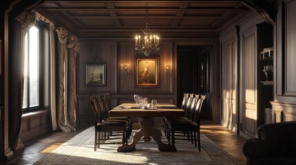 Dining room with Craftsman aesthetics, featuring a bespoke wooden table and chairs under a charming iron chandelier