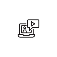 A simple line drawing illustrating the concept of a video call or virtual meeting. The laptop and video call icon represent a platform for online communication and interaction. Editable icon.