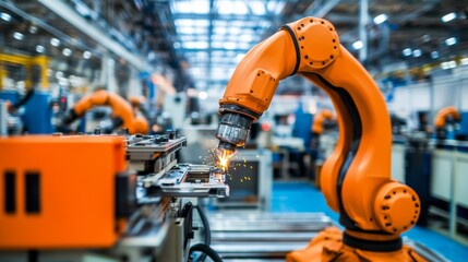 Fototapeta premium Industrial Robot Arm in Action at Manufacturing Plant