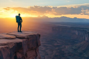 Fototapeta premium A solo hiker standing on the edge of a cliff