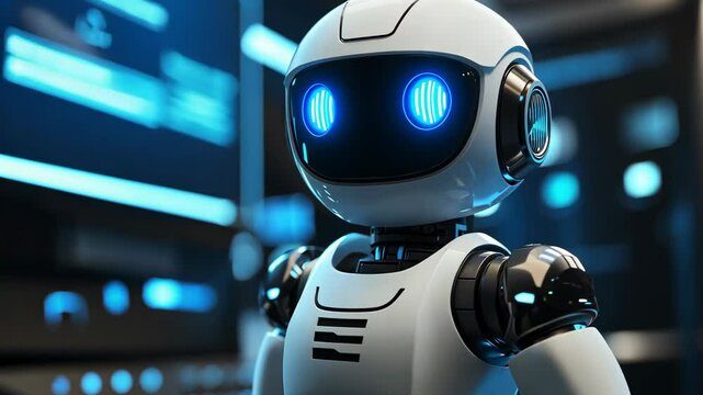A white robot with blue glowing eyes stands in front of a computer screen in a dimly lit room